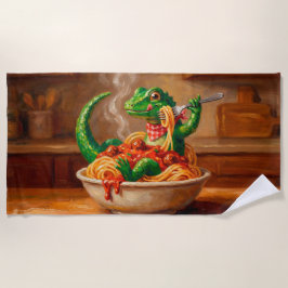 遊び心のあるトカゲが美味しそうなパスタを楽しむ ビーチタオル