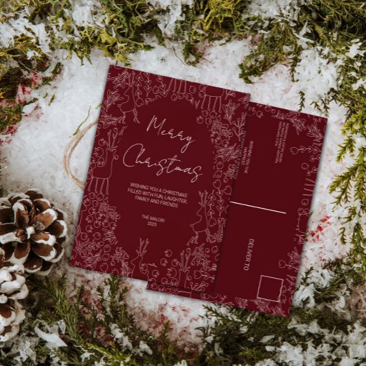 遊び心のあるトナカイと冬の植物 - クリスマス ポストカード