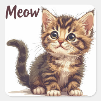 遊び心のあるトラ柄の子猫と"Meow"の引用 - 猫好きのためのデザイン 🐱 スクエアシール