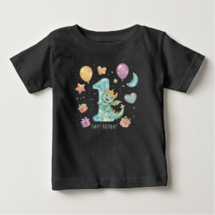 遊び心のあるドラゴンの1歳誕生日デザイン(男の子向け) ベビーTシャツ