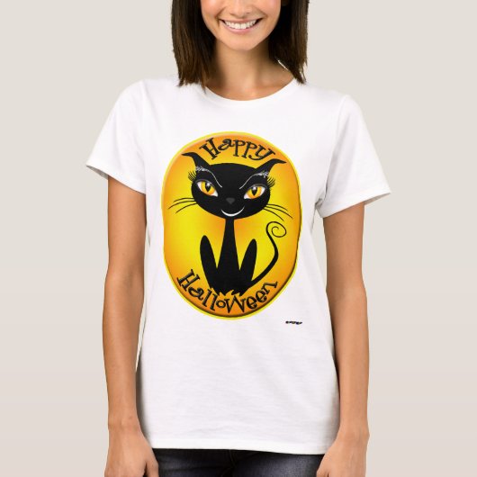 遊び心のあるハッピーハロウィン猫 Tシャツ (正面)