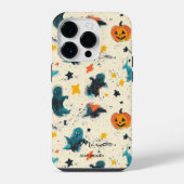 遊び心のあるハロウィンにターコイズブルーの幽霊とパンプキン iPhoneケース (裏面)