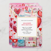 遊び心のあるハートとラブレターの模様の誕生日 招待状 (正面/裏面)