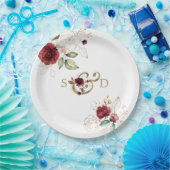 遊び心のあるバーガンディゴールドの花のモノグラムウェディング ペーパープレート (パーティー)