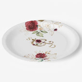 遊び心のあるバーガンディゴールドの花のモノグラムウェディング ペーパープレート (アングル)