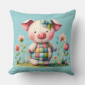 遊び心のあるパッチワークの豚が花園で クッション (正面)