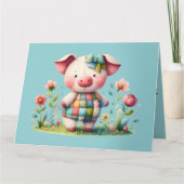 遊び心のあるパッチワークの豚が花園で サンキューカード (正面)