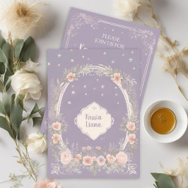 遊び心のあるパープルとブッシュピンクの花柄招待状 招待状