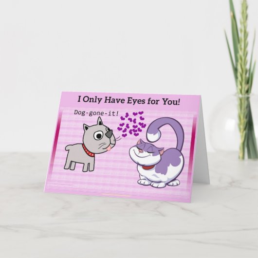 遊び心のあるピンクの漫画犬と猫のラブ シーズンカード (正面)