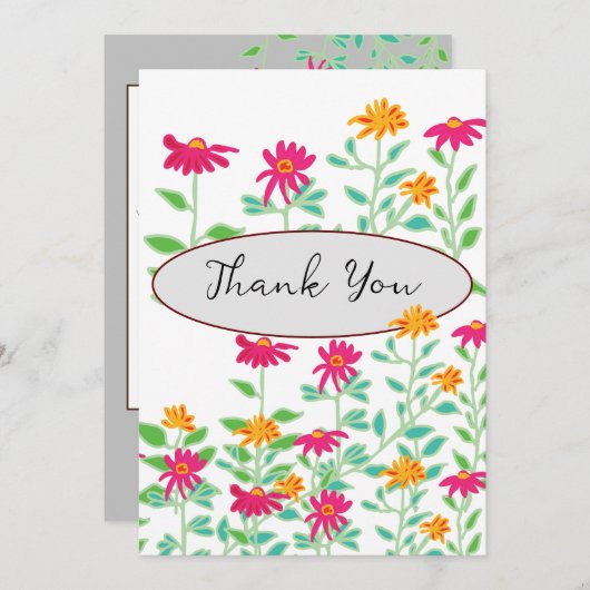 遊び心のあるピンクの花の感謝カード サンキューカード (正面/裏面)