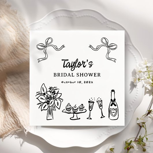 遊び心のあるブラック手描きのウェディングシャワーペーパー スタンダードカクテルナプキン