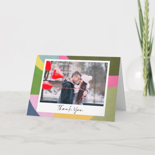 遊び心のあるモダンアブストラクトアートのフォトウェディング サンキューカード (正面)