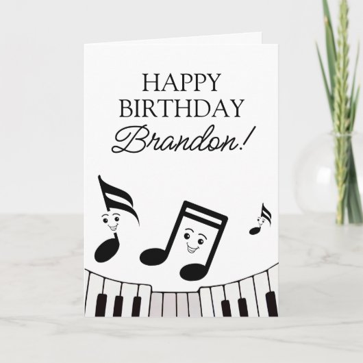 遊び心のあるモノクロの音符のピアノ誕生日 カード (正面)