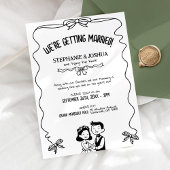 遊び心のあるリボン枠のウェディングイラスト 招待状（新婦新郎の漫画イラスト付き） 招待状