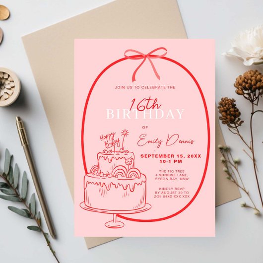 遊び心のあるレトロなボーダー 16歳の誕生日パーティー 招待状
