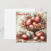 遊び心のあるレトロな赤いイースターエッグと春の花 シーズンカード (正面/裏面)