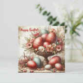 遊び心のあるレトロな赤いイースターエッグと春の花 シーズンカード (スタンド正面)