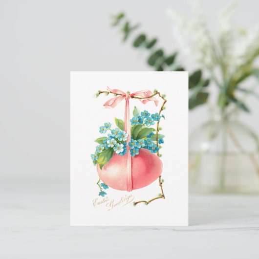 遊び心のあるヴィンテージのイースターエッグ、リボンと花 ポストカード (スタンド正面)