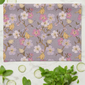 遊び心のある垂れる花と鳥 - ラベンダー キッチンタオル (折り畳み)
