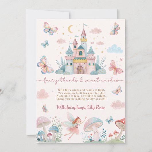 遊び心のある妖精の1歳の誕生日ピンクのお城の子供たち サンキューカード (正面)