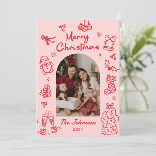 遊び心のある手描きのアーチ写真クリスマス シーズンカード (スタンド正面)