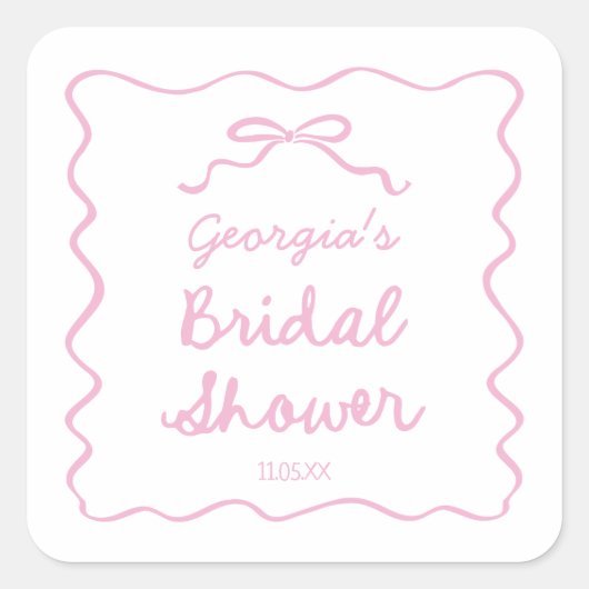 遊び心のある手描きのピンクの蝶結び ウェディングシャワー スクエアシール (正面)