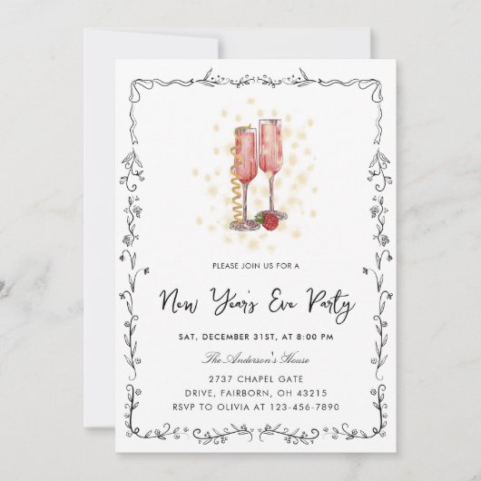 遊び心のある手描きのリボンフレーム新年パーティー 招待状 (正面)