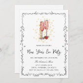 遊び心のある手描きのリボンフレーム新年パーティー 招待状 (正面/裏面)