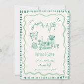 遊び心のある手描きのリボン落書きウェーブ結婚式 招待状 (正面)