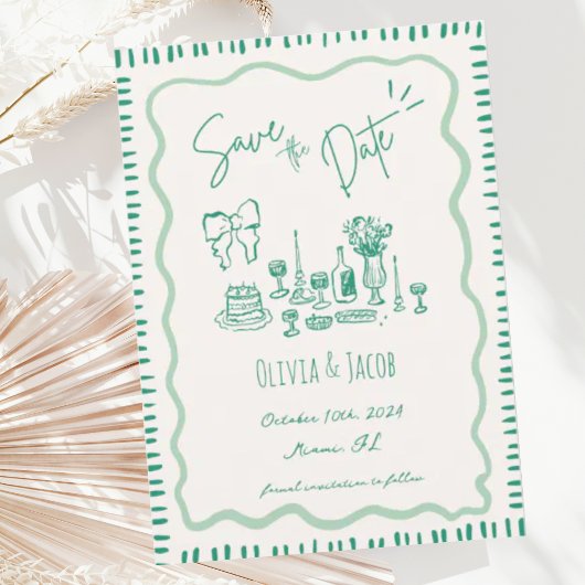 遊び心のある手描きのリボン落書きウェーブ結婚式 招待状