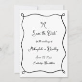 遊び心のある手描きのリボン　黒と白の結婚式 セーブザデート (正面)