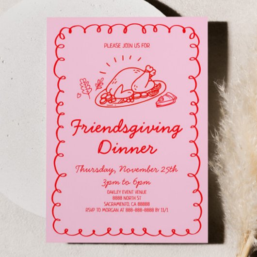 遊び心のある手描きの七面鳥の友人の感謝祭ディナー 招待状