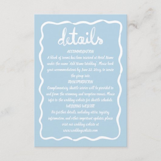 遊び心のある手描きの波打つ淡い青と白のフレーム エンクロージャーカード (正面)