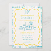 遊び心のある手描きの青いリボンとウェーブラインの結婚式 招待状 (正面)