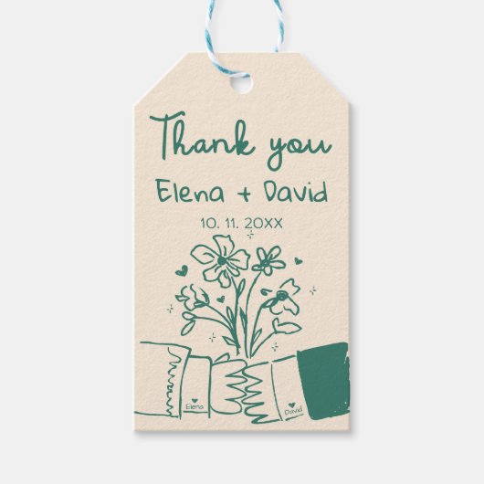 遊び心のある手描きの青い花のウェディングサンクス ギフトタグ (正面)
