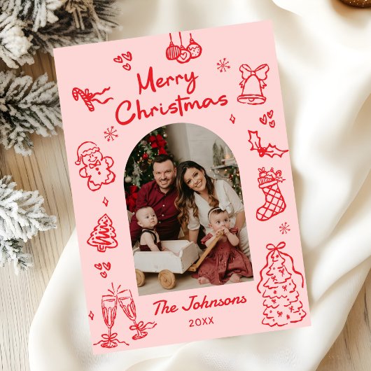 遊び心のある手描きアーチ写真のクリスマス シーズンカード