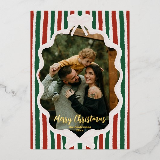 遊び心のある手描きレトロな赤と緑のリボンの蝶結び 箔シーズンカード (正面)