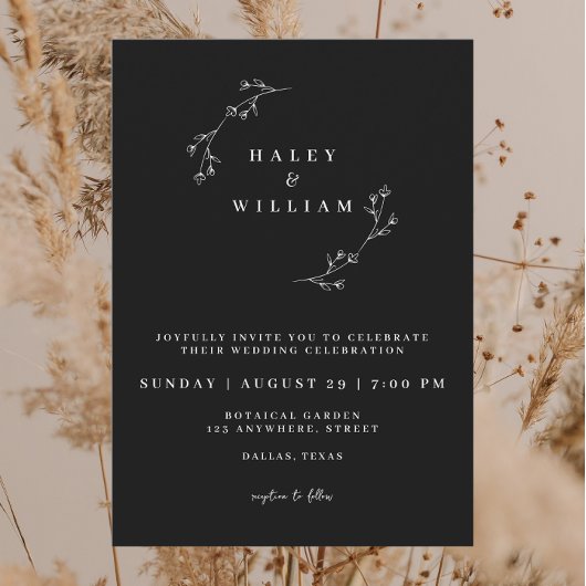 遊び心のある植物的ミニマルスクリプトシンプルブラック 招待状
