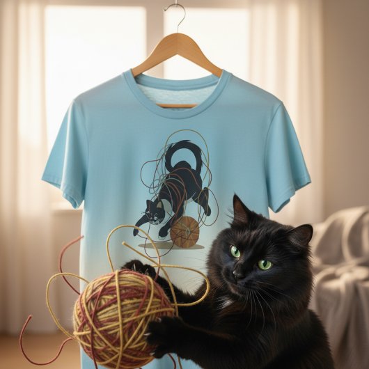遊び心のある毛糸のボールに絡まる猫のデザイン - 楽しいかわいい猫 Tシャツ