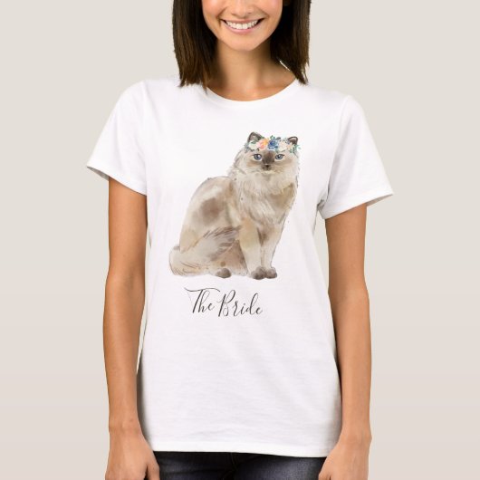 遊び心のある水彩花嫁猫 Tシャツ (正面)