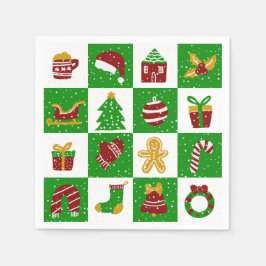 遊び心のある深緑のクリスマスパターンのスクエア スタンダードカクテルナプキン