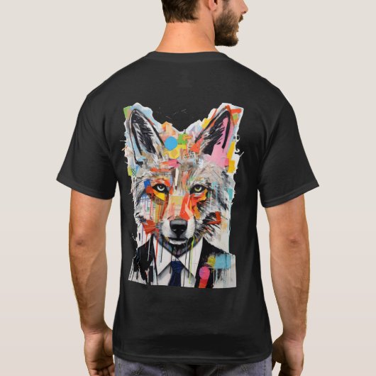 遊び心のある漫画のオオカミの肖像画が描かれたストリートウルフ Tシャツ (裏面)