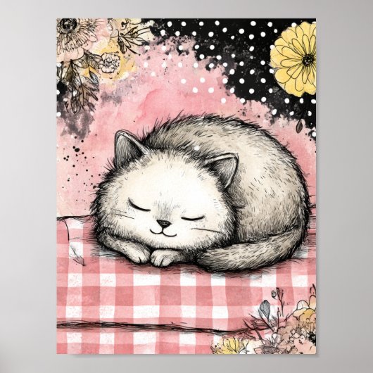 遊び心のある猫の花模様の水彩画アート ポスター (正面)