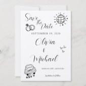 遊び心のある結婚式の招待状 - かわいいアイコン付き セーブザデート (正面)