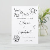遊び心のある結婚式の招待状 - かわいいアイコン付き セーブザデート (スタンド正面)