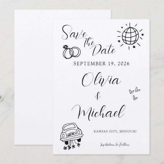 遊び心のある結婚式の招待状 - かわいいアイコン付き セーブザデート (正面/裏面)