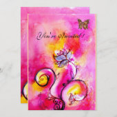 遊び心のある花と蝶 ピンクと黄色 招待状 (正面/裏面)