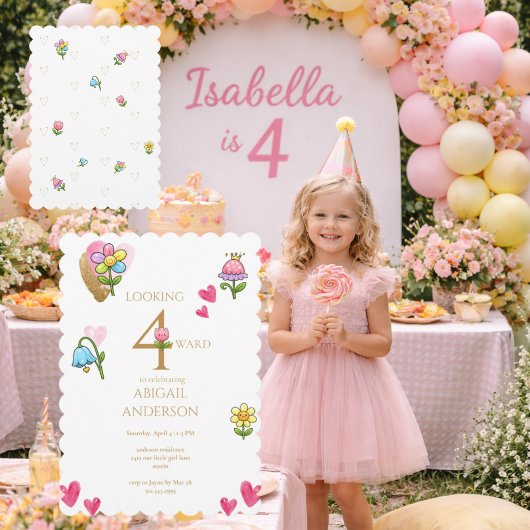 遊び心のある花の4歳誕生日パーティー 招待状