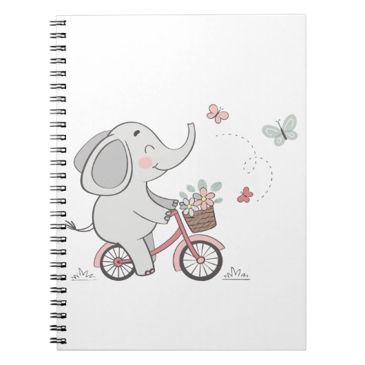 遊び心のある象が自転車に乗る - 子供向け動物デザイン ノートブック (正面)