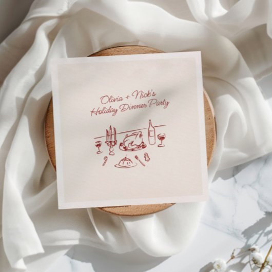 遊び心のある赤い手描きのクリスマスディナーパーティー スタンダードカクテルナプキン